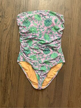 J.Crew | Pink + Green Floral Bandeau One Piece Strapless Ruched Swimsuit | Med